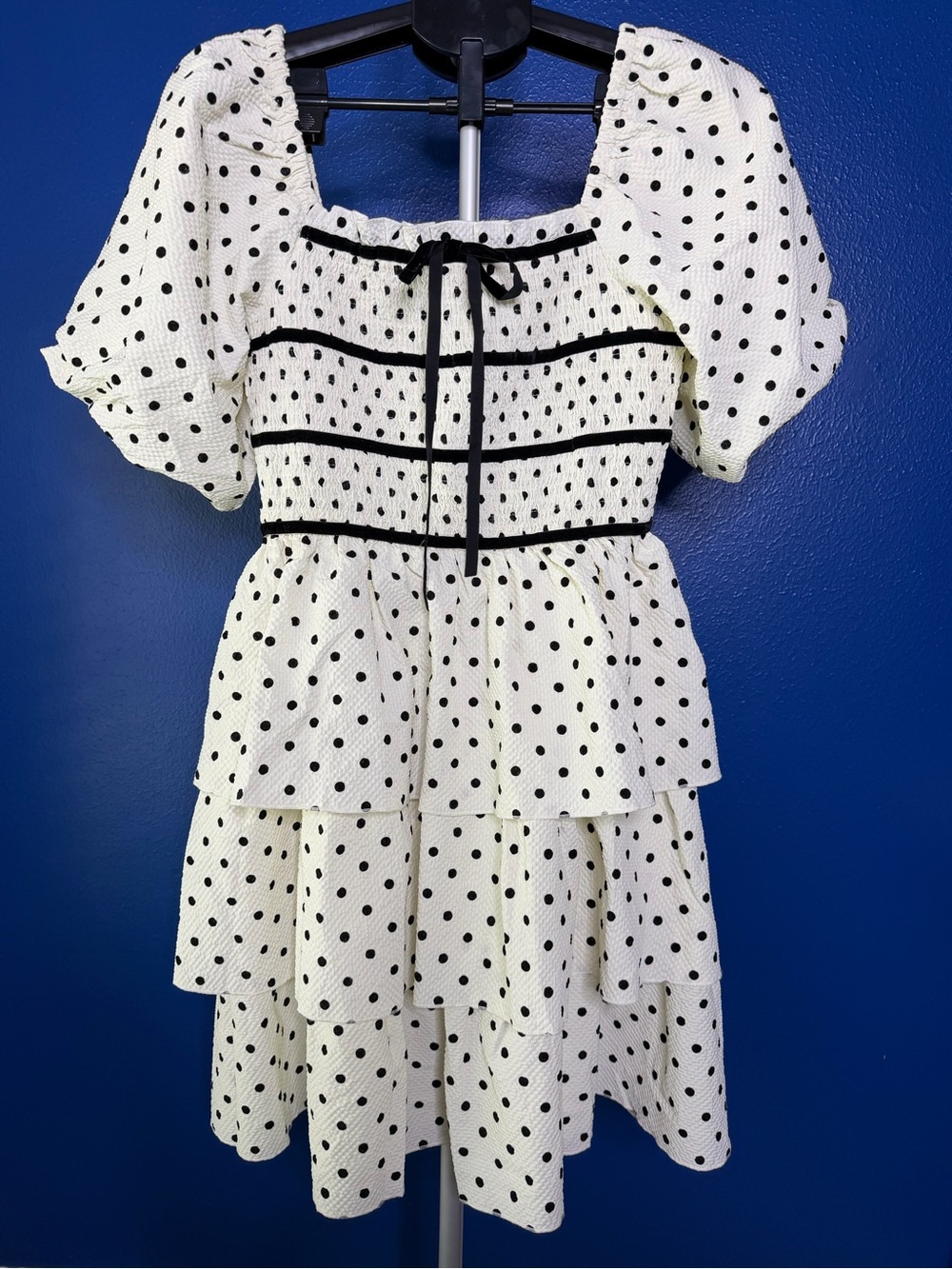 Black & White Polka Dot Tiered Puff Sleeve Dress